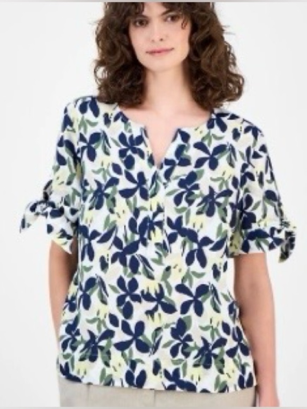 NWT Linen Charter Club Top Navy, Olive & Yellow Floral Tie-Sleeve Summer Blouse
